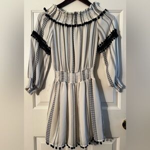 LINE + DOT Sm Resort Feminine Black White Pom Pom Gauzy Off Shoulder Mini Dress